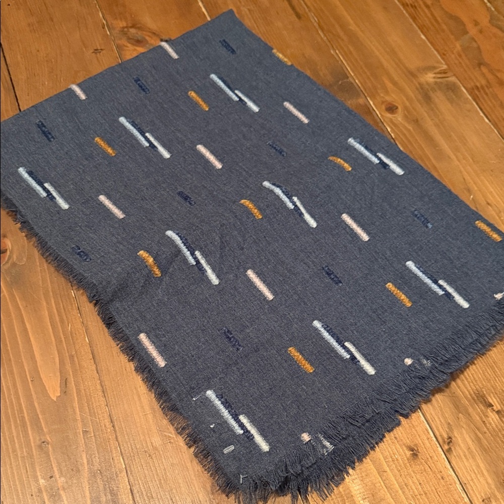 Universal Thread Dark Blue Fringe Scarf with Pale Blue, Cream & Mustard Stitches